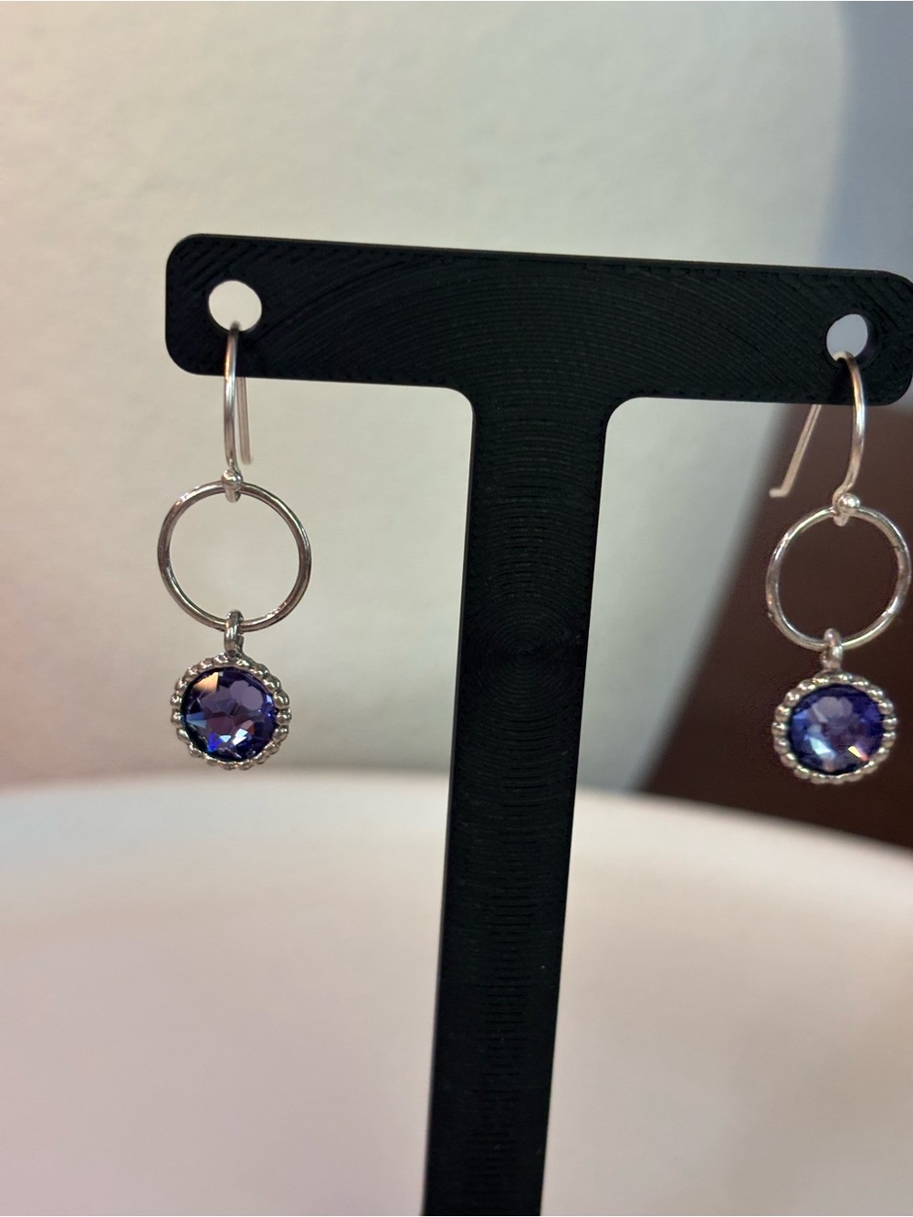 Israel 925 Sterling Silver Open Circle Dangle Earrings Purple Iolite Gemstone
